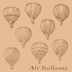 Fototapeta premium Flying hot air balloons retro engraving sketches