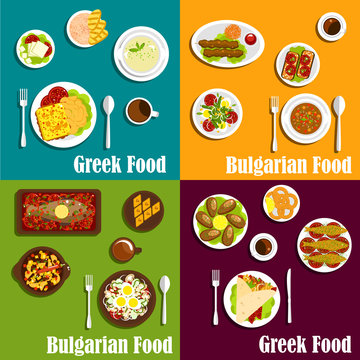 Rustic dishes of Greece and Bulgaria flat icons