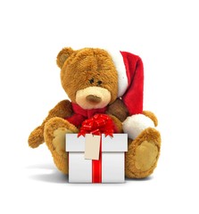 Teddy bear and gift box with red ribbon