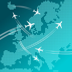 Airplanes flying over map of Europe, travel design
