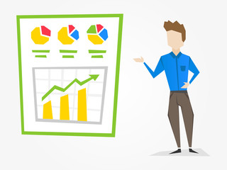 The manager shows infographic presentation (charts, diagrams, graphs). Businessman presents financial report creative concept. Vector flat graphic design illustration.
