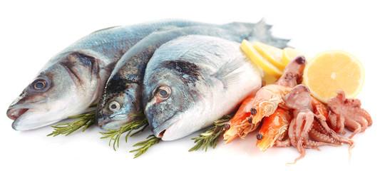 Fresh Mediterranean cocktail of fish on white background, close up