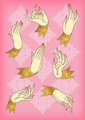 Outlines set of hands on pattern background