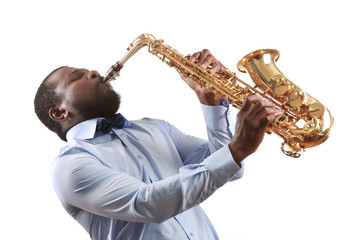 Plakat African American jazz musician playing the saxophone, isolated on white
