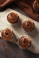 Four chocolate cupcakes on a tray