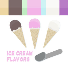3 scoops of ice cream in a 3 cone, 3 and more flavors - strawberry, chocolate, vanilla