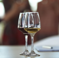Two glasses of different wine on a table. Tasting wine concept