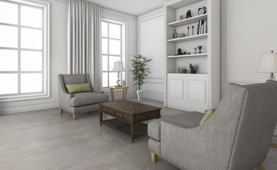 3d rendering white small living room with comfortable furniture