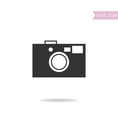 Photo camera, flat black icon, silhouette isolated on white background. 