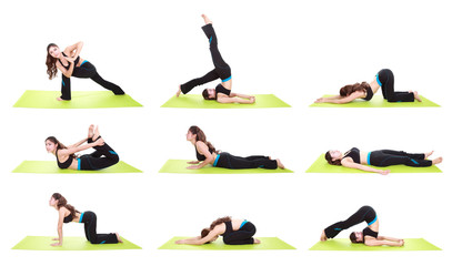 Obraz premium set of young woman doing yoga exercise isolated on white backgro