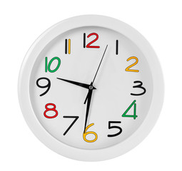 Round wall clock with colorful figures, isolated on white