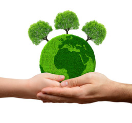 Green planet with trees in hands isolated on white background