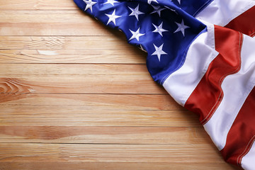 Flag of United States of America on wooden background