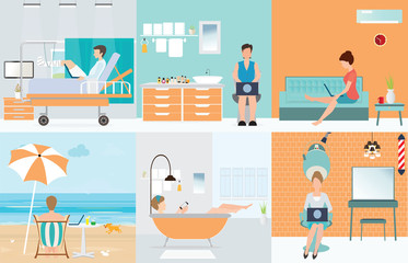 Freelance set with Various cartoon character design working at h