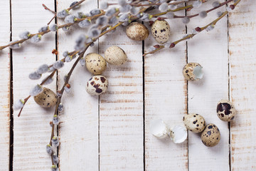 Quail eggs  and  willow  branches  on wooden background.