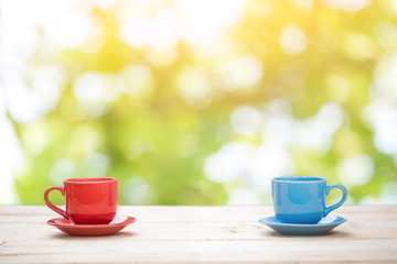 Two cups of coffee on the table in the garden
