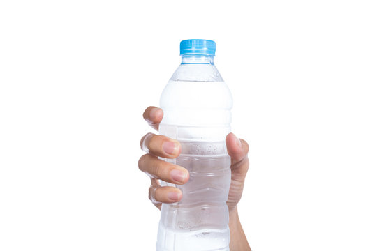 woman hand with bottle of water on white background