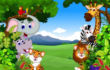 Fototapeta na wymiar funny animal cartoon with forest background