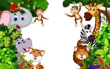 Naklejki  zabawna kreskówka zwierzęca z leśnym tłem