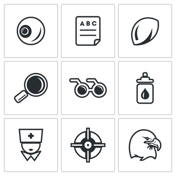 Vector Set of Human Vision Icons. Eye, Braille, Lens, Surveillance, Blindness, Prevention, Optometrist, Laser Correction, Acuity.