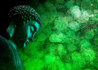 Foto auf Acrylglas Buddha Bronzene grüne Zen-Buddha-Statue meditiert