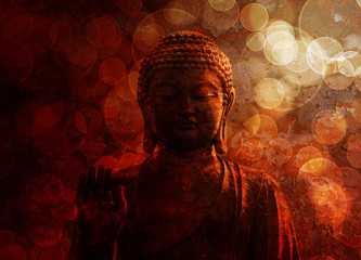 Bronze Red Zen Buddha Statue Raised Palm - obrazy, fototapety, plakaty