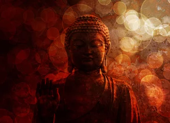 Foto auf Acrylglas Buddha Bronzene rote Zen-Buddha-Statue mit erhobener Handfläche