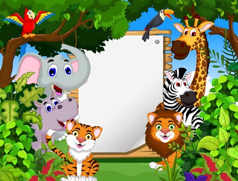 funny animal cartoon with blank sign and forest background