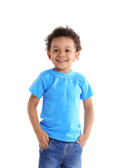 Little boy in blue shirt isolated on white background