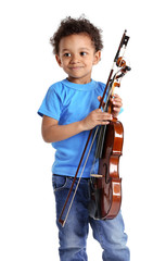 Little boy playing violin, isolated on white