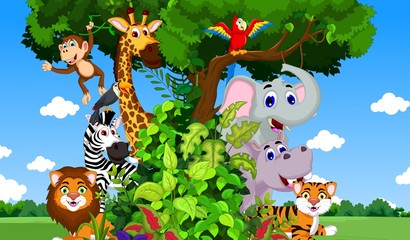 Obraz na płótnie Canvas funny animals on the tree with forest landscape background