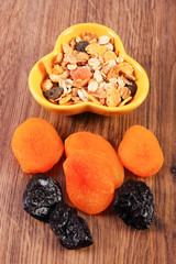 Dried fruits and muesli in bowl, concept of healthy nutrition and increase metabolism