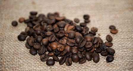 Coffee beans on a burlap.