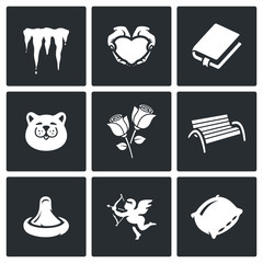 Vector Set of Spring Dating Icons. Melting, Romance, Poetry, March, Bouquet, Walking, Love, Emotion, Bed.