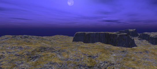 view from the heights on the plateau and the horizon with the abyss. Surrounded by a blue light. Moon