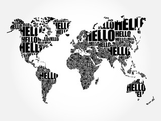 HELLO Word Cloud World Map in Typography, background concept