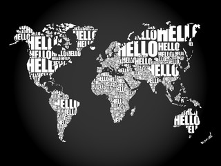 HELLO Word Cloud World Map in Typography, background concept