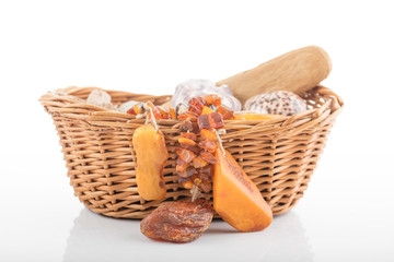 Willow basket with souvenirs from holiday