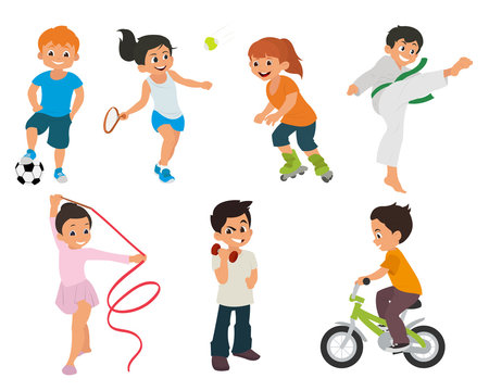 sports kids are actively involved in sports. sports kids are doing in different kinds of sports: karate, roller skates, gymnastics, tennis, fitness, soccer, cycling, weightlifting. vector illustration