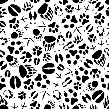 Animal tracks black and white seamless pattern