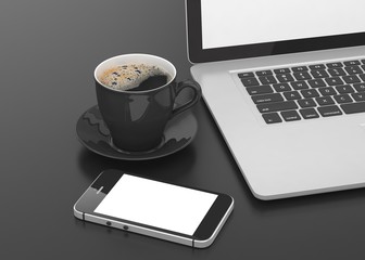Obraz na płótnie Canvas Laptop smartphone and coffee cup on black. 3d rendering.
