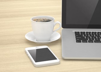 Obraz na płótnie Canvas Laptop smartphone and coffee cup on wood. 3d rendering.