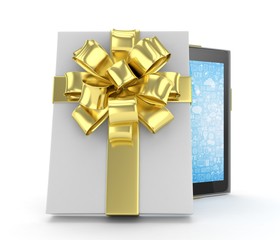 Tablet in white gift box with golden bow and ribbons on white. 3D rendering.