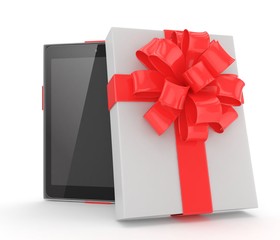 Tablet in white gift box with red bow and ribbons on white. 3D rendering.
