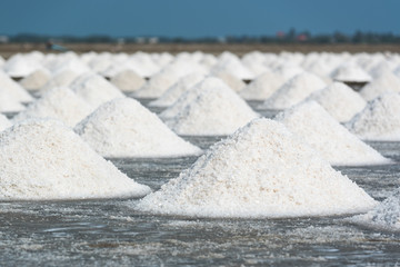 White pyranids of sea salt line in Petchaburi, Thailand