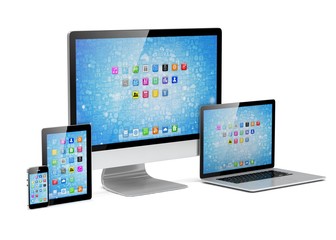 Ultimate web design, laptop, smartphone, tablet, computer, display. 3d rendering.