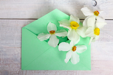 some white daffodils in a green envelope on wooden table
