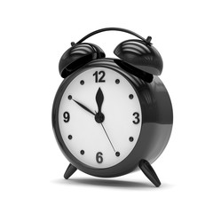 Black alarm clock on white. 3d rendering.