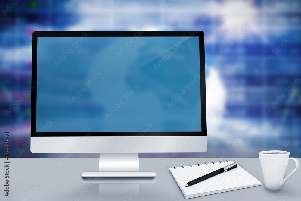 Poster composite image of image of a desk with computer