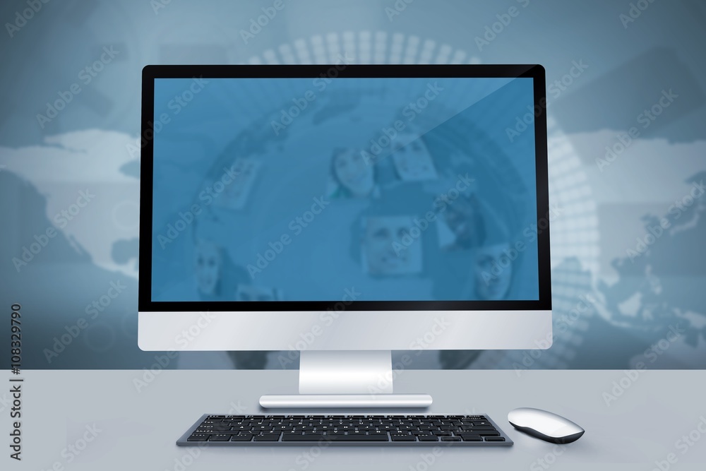 Poster composite image of image of a desk with computer